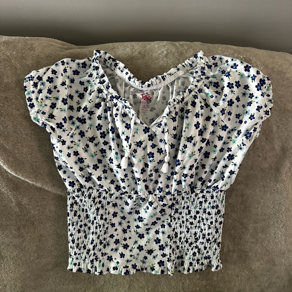 Girls Floral Smocked Top - White and Blue